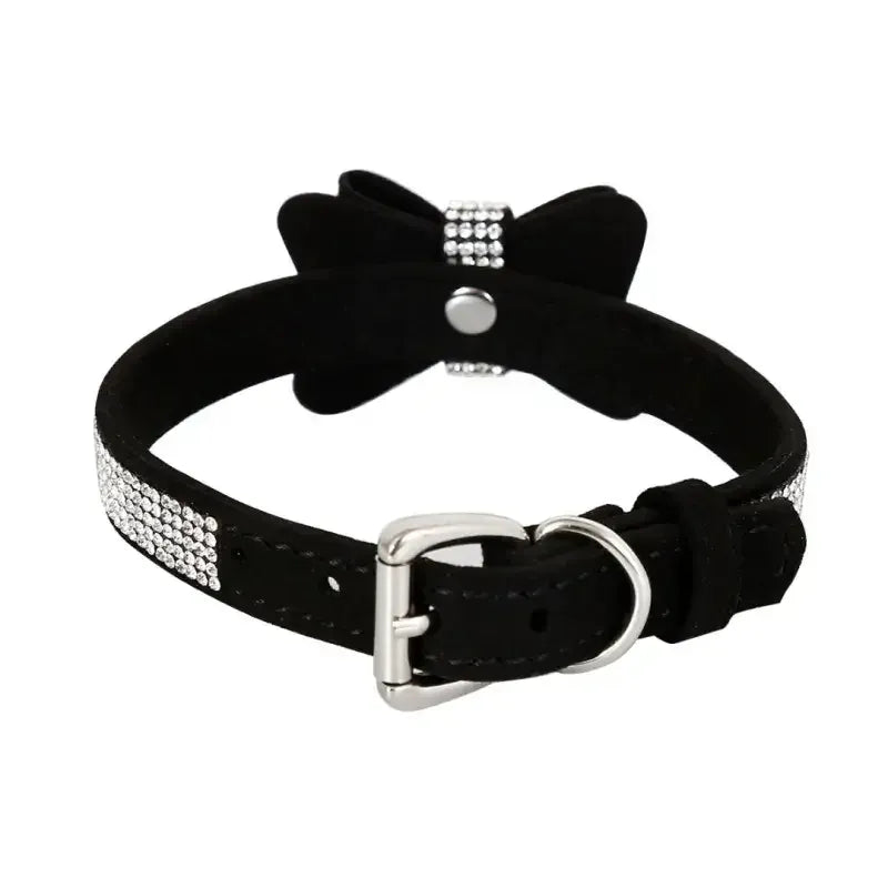 Domini Toy Suede Bow Collar — Rhinestone Trim Adjustable Day Collar