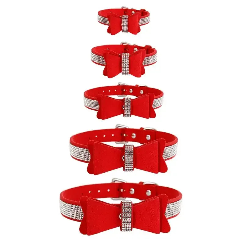 Domini Toy Suede Bow Collar — Rhinestone Trim Adjustable Day Collar