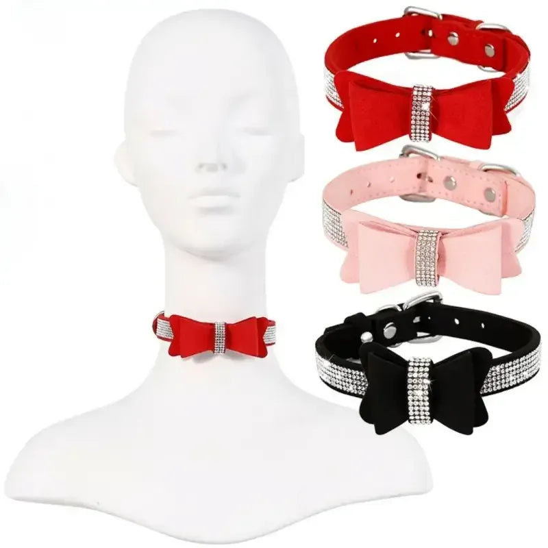 Domini Toy Suede Bow Collar — Rhinestone Trim Adjustable Day Collar