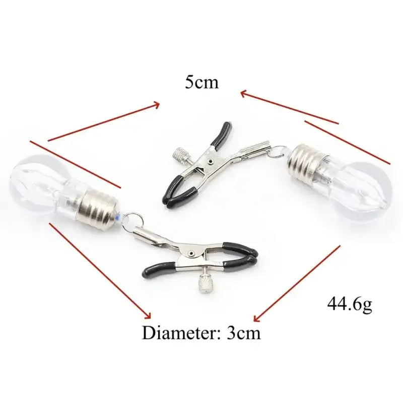 Domini Toy White LED Nipple Clamps — Rubber-Tipped, Metal Clamp Set for Couples