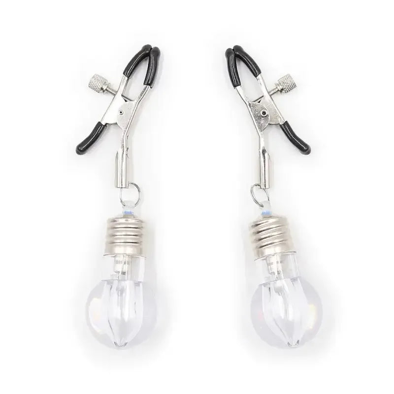 Domini Toy White LED Nipple Clamps — Rubber-Tipped, Metal Clamp Set for Couples