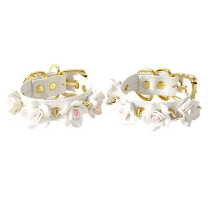 Domini Toy White Rose-Studded Spike Cuffs — Adjustable Faux Leather Wrist & Ankle Restraints