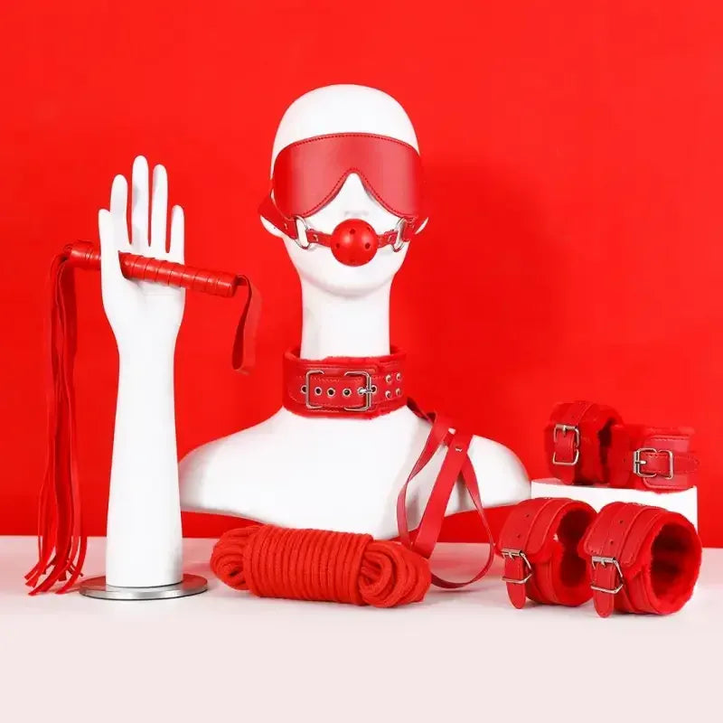 Dominitoy 7-Piece Plush Bondage Kit — PU Leather Restraints