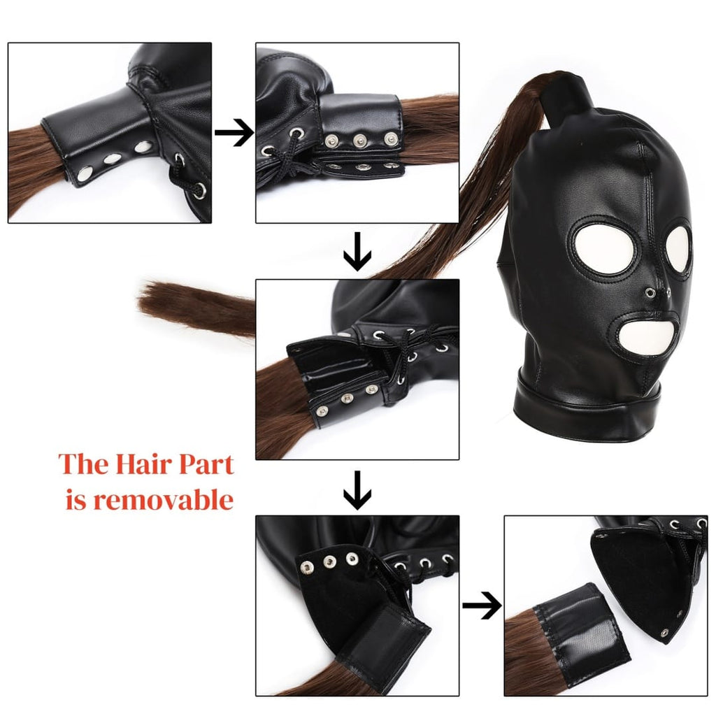 Dominitoy BDSM Hood BDSM Hood with Detachable Ponytail | Open Eyes & Mouth | Dominitoy