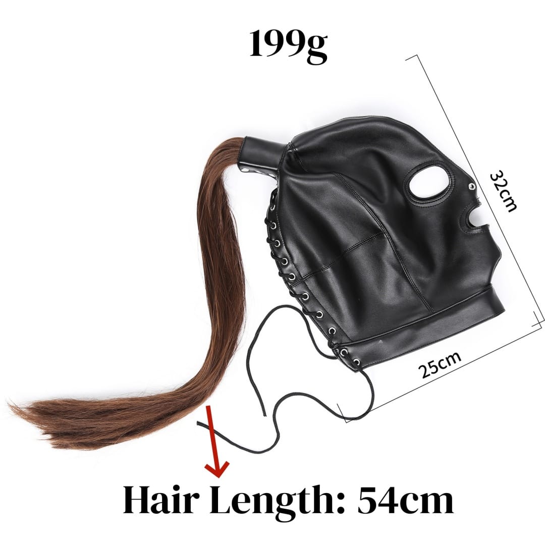 Dominitoy BDSM Hood BDSM Hood with Detachable Ponytail | Open Eyes & Mouth | Dominitoy