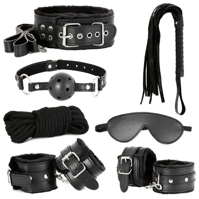 Dominitoy Black 7-Piece Plush Bondage Kit — PU Leather Restraints