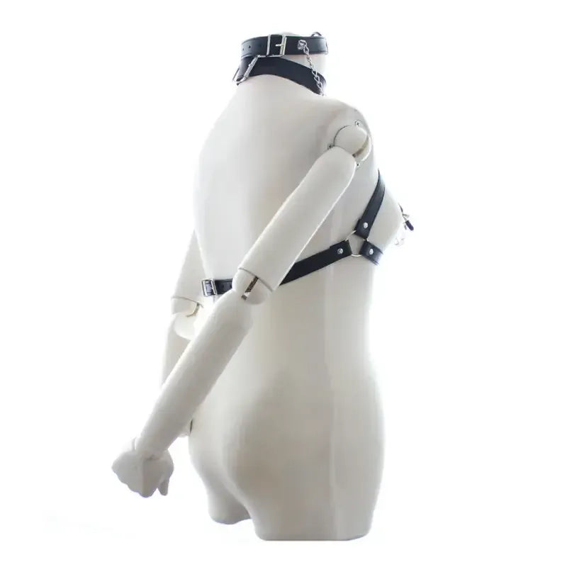 Dominitoy Black BDSM Harness – Black PU Leather Chain Bra w/ Detachable Nipple Clamps