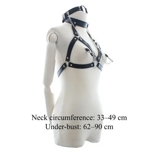 Dominitoy Black BDSM Harness – Black PU Leather Chain Bra w/ Detachable Nipple Clamps