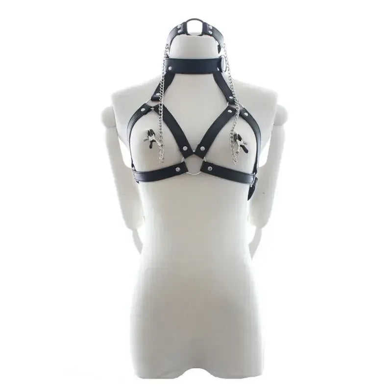 Dominitoy Black BDSM Harness – Black PU Leather Chain Bra w/ Detachable Nipple Clamps