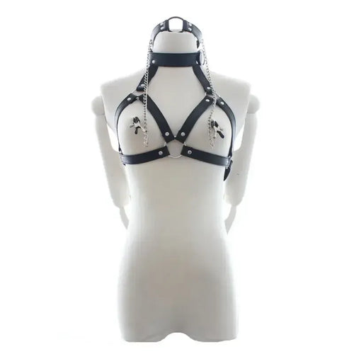 Dominitoy Black BDSM Harness – Black PU Leather Chain Bra w/ Detachable Nipple Clamps