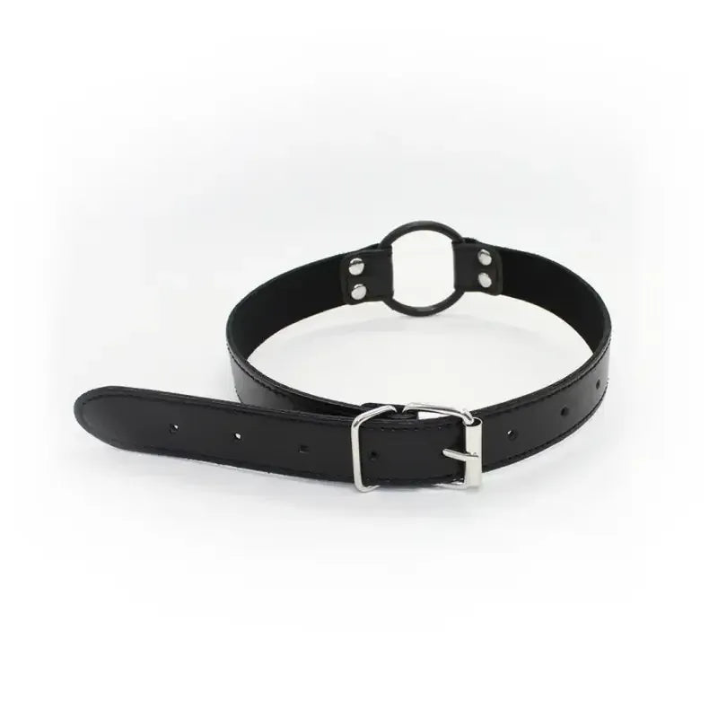 Dominitoy Black Black Faux Leather Ring Gag — Adjustable O‑Ring Collar, Beginner Friendly