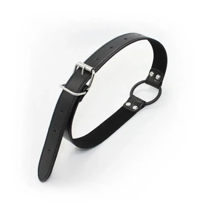 Dominitoy Black Black Faux Leather Ring Gag — Adjustable O‑Ring Collar, Beginner Friendly