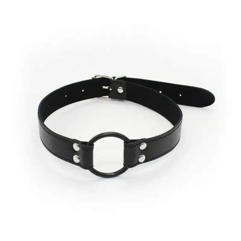 Dominitoy Black Black Faux Leather Ring Gag — Adjustable O‑Ring Collar, Beginner Friendly