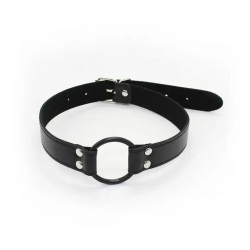 Dominitoy Black Black Faux Leather Ring Gag — Adjustable O‑Ring Collar, Beginner Friendly