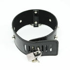 Dominitoy Black Black Faux Leather Studded O-Ring Collar with Blue Gem & Detachable Leash