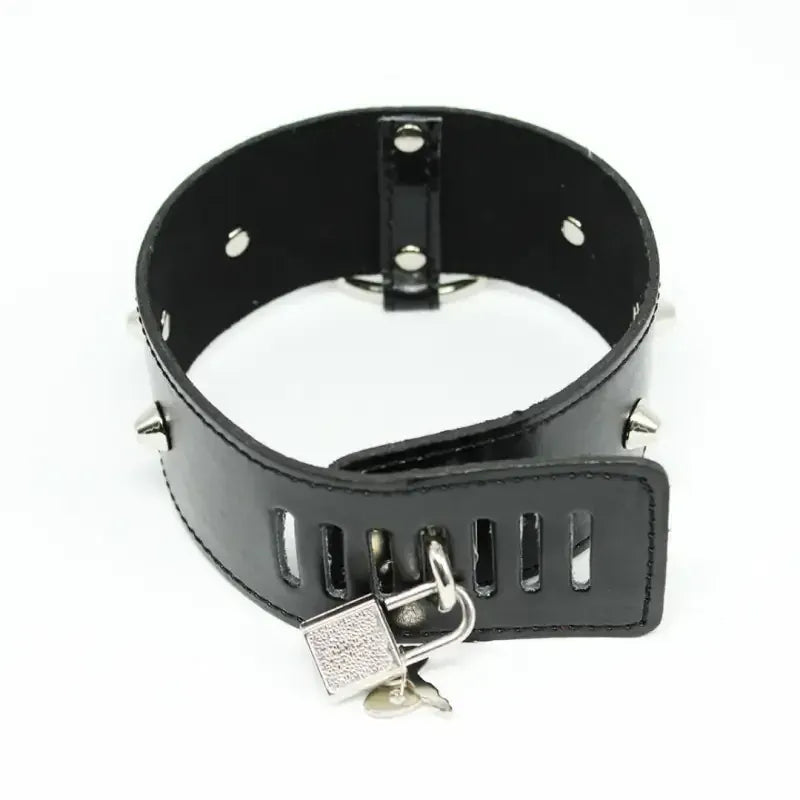 Dominitoy Black Black Faux Leather Studded O-Ring Collar with Blue Gem & Detachable Leash