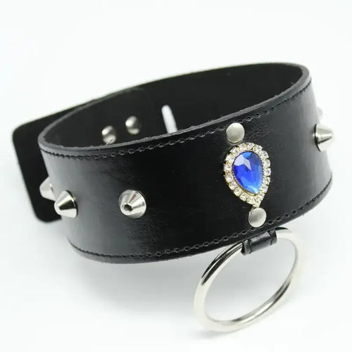 Dominitoy Black Black Faux Leather Studded O-Ring Collar with Blue Gem & Detachable Leash