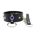 Dominitoy Black Black Faux Leather Studded O-Ring Collar with Blue Gem & Detachable Leash