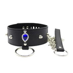 Dominitoy Black Black Faux Leather Studded O-Ring Collar with Blue Gem & Detachable Leash