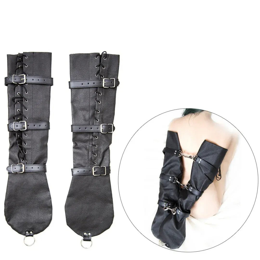 Dominitoy Black Black Leather Arm Binder Cuffs - Adjustable BDSM Restraints
