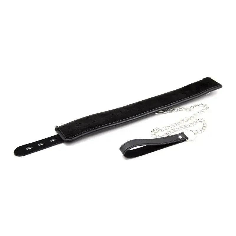 Dominitoy Black Black Leather BDSM Collar with Chain Leash – Plush Lined & Adjustable