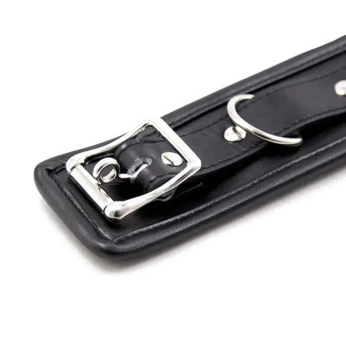 Dominitoy Black Black Leather BDSM Collar with Chain Leash – Plush Lined & Adjustable
