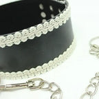 Dominitoy Black Black Leather BDSM Collar with White Lace Trim & Leash