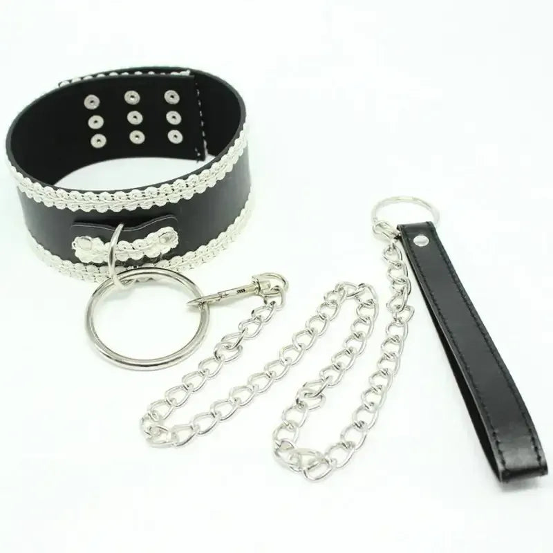 Dominitoy Black Black Leather BDSM Collar with White Lace Trim & Leash