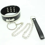 Dominitoy Black Black Leather BDSM Collar with White Lace Trim & Leash