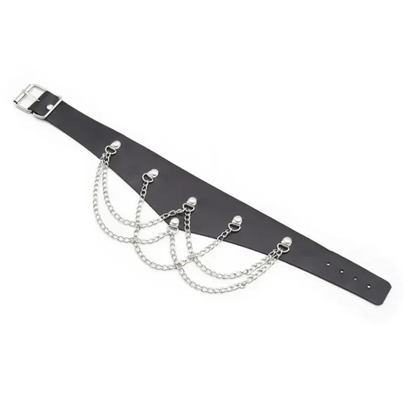 Dominitoy Black Black Leather Posture Collar with Chains – Adjustable Fetish Neckwear