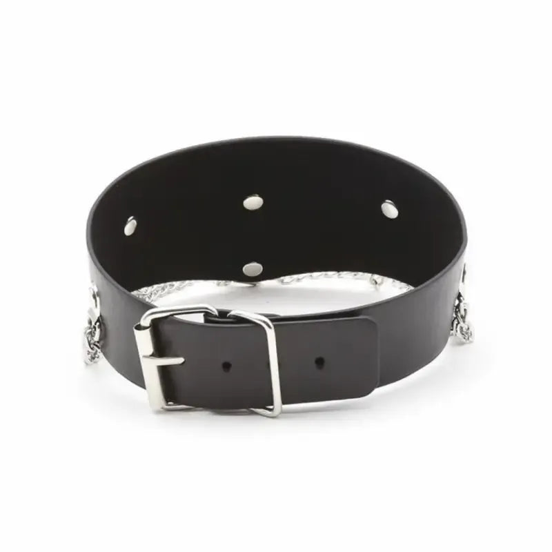 Dominitoy Black Black Leather Posture Collar with Chains – Adjustable Fetish Neckwear