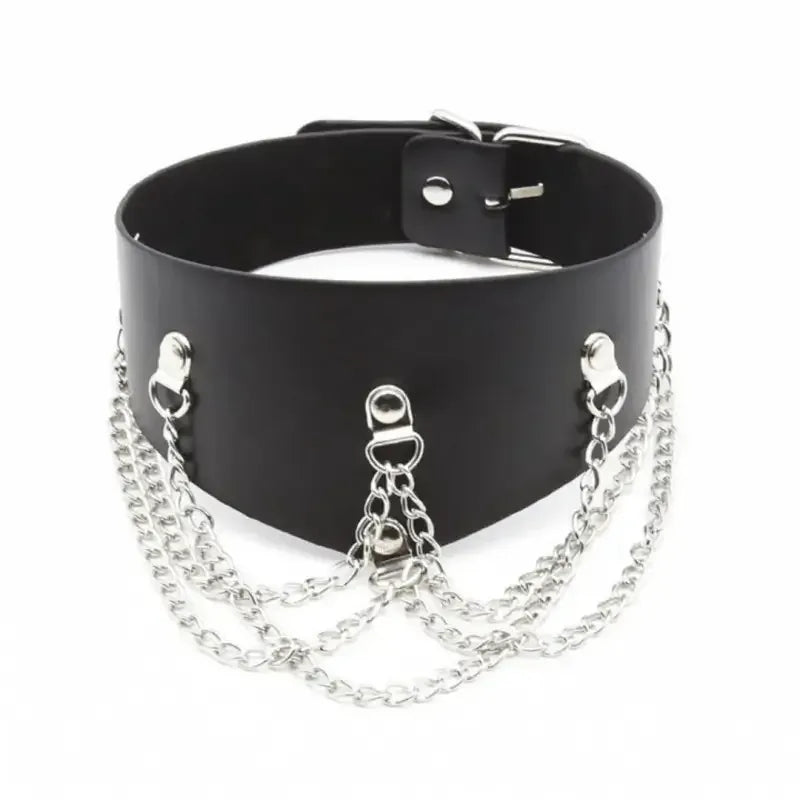 Dominitoy Black Black Leather Posture Collar with Chains – Adjustable Fetish Neckwear