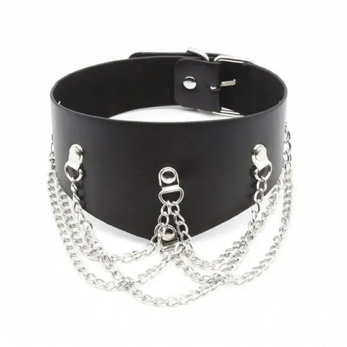 Dominitoy Black Black Leather Posture Collar with Chains – Adjustable Fetish Neckwear