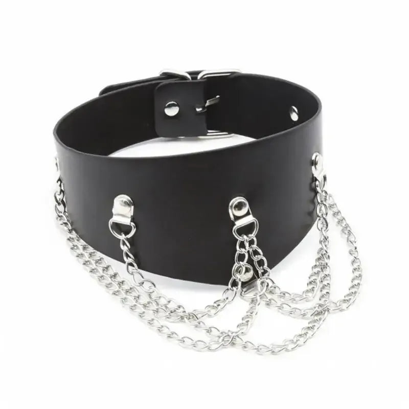 Dominitoy Black Black Leather Posture Collar with Chains – Adjustable Fetish Neckwear