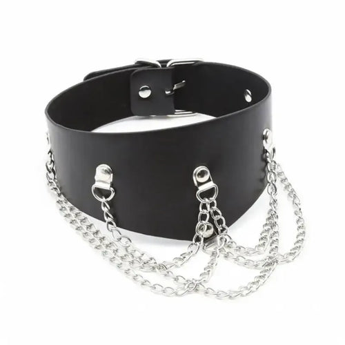 Dominitoy Black Black Leather Posture Collar with Chains – Adjustable Fetish Neckwear