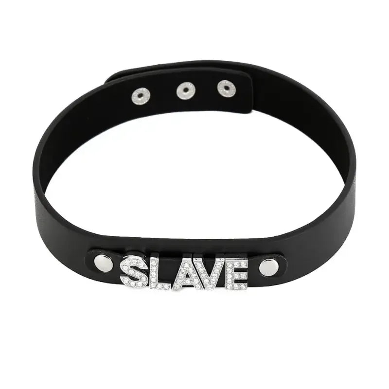Dominitoy Black Black Leather Slave Choker – Rhinestone BDSM Collar