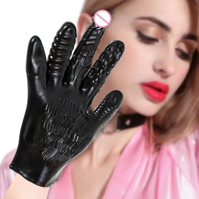 Dominitoy Black Five-Finger Vibrating Glove - Waterproof, Body-Safe Silicone Feel BDSM Toy