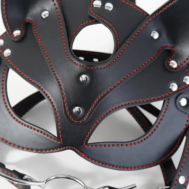 Dominitoy Black Fox BDSM Mask with O-Ring Gag - Adjustable Faux Leather Harness