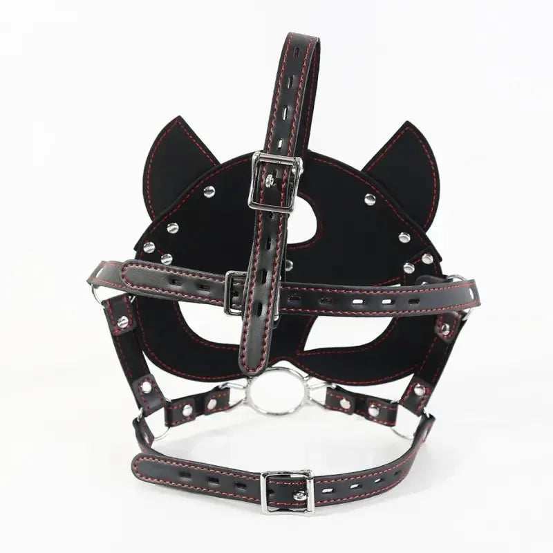 Dominitoy Black Fox BDSM Mask with O-Ring Gag - Adjustable Faux Leather Harness