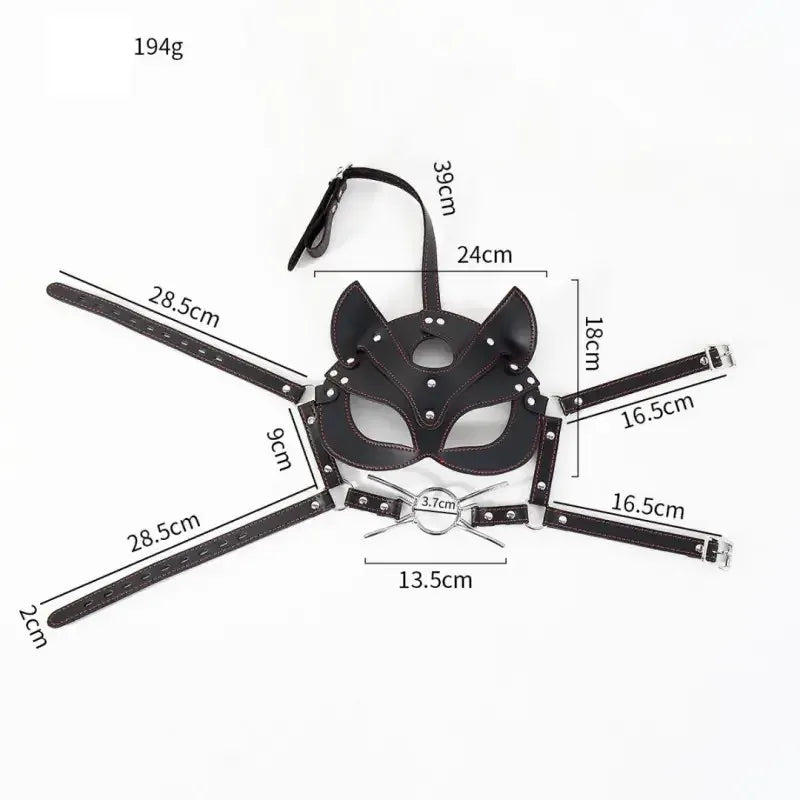 Dominitoy Black Fox BDSM Mask with O-Ring Gag - Adjustable Faux Leather Harness