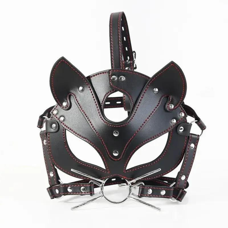 Dominitoy Black Fox BDSM Mask with O-Ring Gag - Adjustable Faux Leather Harness