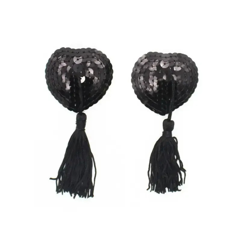 Dominitoy Black Heart Shaped Nipple Covers with Sequins + Tassels