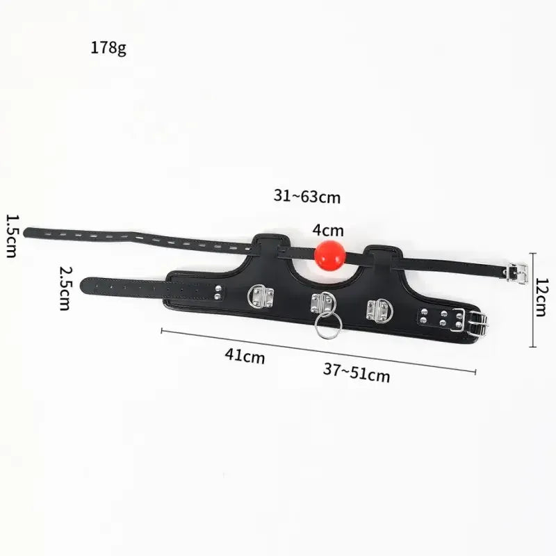 Dominitoy Black Leather Ball Gag Collar with Chain Leash - Adjustable BDSM Restraint Set