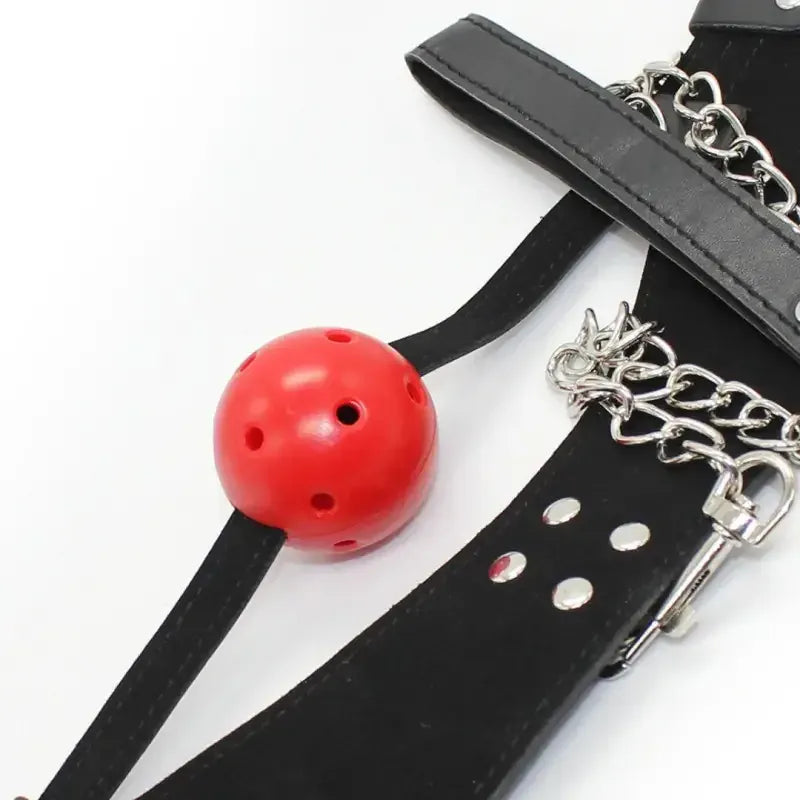 Dominitoy Black Leather Ball Gag Collar with Chain Leash - Adjustable BDSM Restraint Set