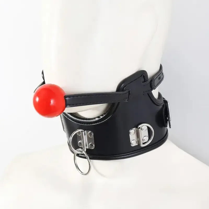 Dominitoy Black Leather Ball Gag Collar with Chain Leash - Adjustable BDSM Restraint Set