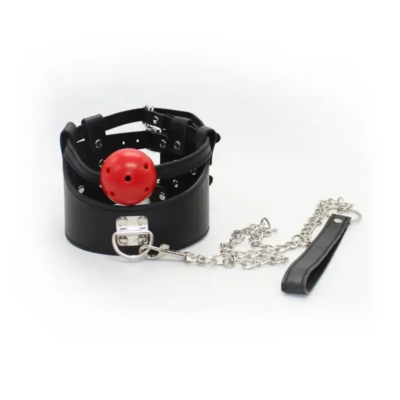 Dominitoy Black Leather Ball Gag Collar with Chain Leash - Adjustable BDSM Restraint Set