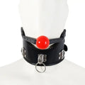 Dominitoy Black Leather Ball Gag Collar with Chain Leash - Adjustable BDSM Restraint Set
