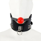 Dominitoy Black Leather Ball Gag Collar with Chain Leash - Adjustable BDSM Restraint Set