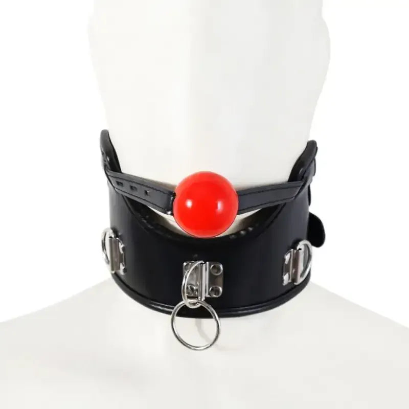 Dominitoy Black Leather Ball Gag Collar with Chain Leash - Adjustable BDSM Restraint Set