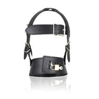 Dominitoy Black Leather BDSM Hood Lockable Head Harness Full Face Mask Restraint